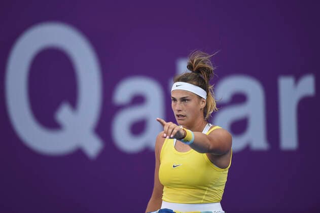 (200228) -- DOHA, Feb. 28, 2020 (Xinhua) -- Aryna Sabalenka of Belarus reacts during the women s singles quarterfinal match against Zheng Saisai of China at the 2020 WTA, Tennis Damen Qatar Open in Doha, Qatar, Feb. 27, 2020. (Photo by Nikku Xinhua) (SP)QATAR-DOHA-TENNIS-WTA-SINGLES 