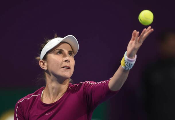 (200228) -- DOHA, Feb. 28, 2020 (Xinhua) -- Belinda Bencic of Switzerland serves during the women s singles quarterfinal match against Svetlana Kuznetsova of Russia at the 2020 WTA, Tennis Damen Qatar Open in Doha, Qatar, Feb. 27, 2020. (Photo by Nikku Xinhua) (SP)QATAR-DOHA-TENNIS-WTA-SINGLES 