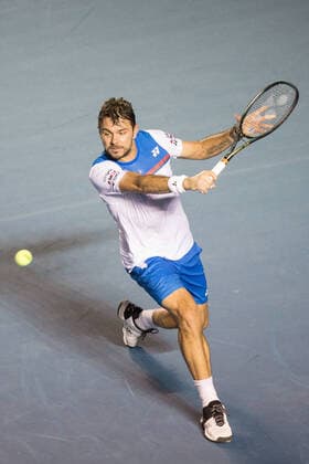 (200228) -- ACAPULCO, Feb. 28, 2020 (Xinhua) -- Stan Wawrinka of Switzerland hits a return during the men s singles quarterfinal match between Grigor Dimitrov of Bulgaria and Stan Wawrinka of Switzerland at the 2020 ATP, Tennis Herren Mexican Open tennis tournament in Acapulco, Mexico, Feb. 27, 2020. (Photo by Francisco Canedo Xinhua) (SP)MEXICO-ACAPULCO-TENNIS-ATP-MEXICAN OPEN-QUARTERFINALS 