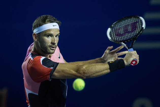 (200228) -- ACAPULCO, Feb. 28, 2020 (Xinhua) -- Grigor Dimitrov of Bulgaria hits a return during the men s singles quarterfinal match between Grigor Dimitrov of Bulgaria and Stan Wawrinka of Switzerland at the 2020 ATP, Tennis Herren Mexican Open tennis tournament in Acapulco, Mexico, Feb. 27, 2020. (Photo by Francisco Canedo Xinhua) (SP)MEXICO-ACAPULCO-TENNIS-ATP-MEXICAN OPEN-QUARTERFINALS 