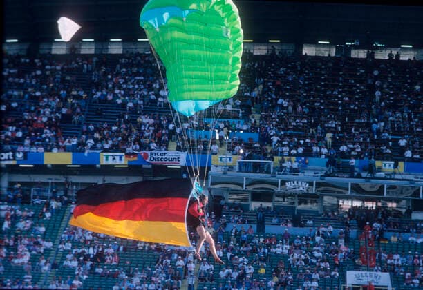 EM 92 Final Denmark Germany 2 0 26 06 1992 Gothenburg Skydiver with German flag floats into Ullievi Stadium HM
