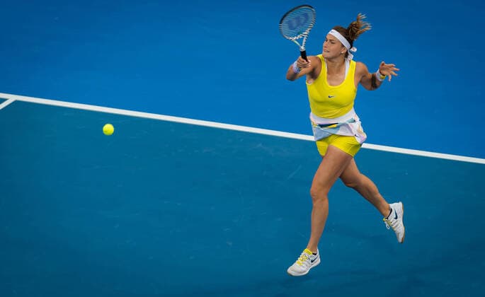 February 28, 2020, Doha, QATAR: Aryna Sabalenka of Belarus in action during the semi-final of the 2020 Qatar Total Open WTA, Tennis Damen Premier 5 tennis tournament against Svetlana Kuznetsova of Russia 2020 Qatar Total Open, Tennis, Doha, Qatar, Feb 28 - ZUMAa181 20200228_zaa_a181_049 Copyright: xRobxPrangex