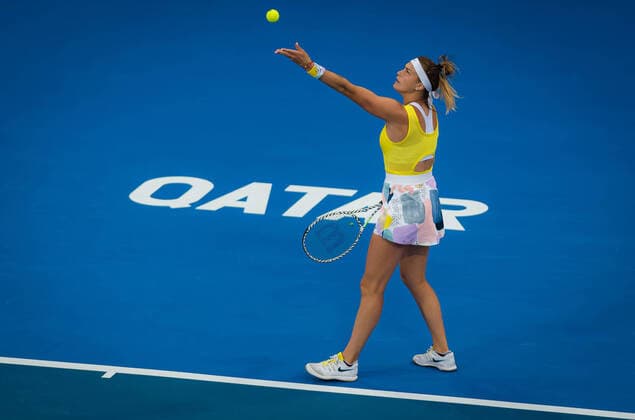February 28, 2020, Doha, QATAR: Aryna Sabalenka of Belarus in action during the semi-final of the 2020 Qatar Total Open WTA, Tennis Damen Premier 5 tennis tournament against Svetlana Kuznetsova of Russia 2020 Qatar Total Open, Tennis, Doha, Qatar, Feb 28 - ZUMAa181 20200228_zaa_a181_051 Copyright: xRobxPrangex