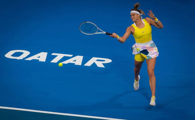 Sport Bilder des Tages February 28, 2020, Doha, QATAR: Aryna Sabalenka of Belarus in action during the semi-final of the 2020 Qatar Total Open WTA, Tennis Damen Premier 5 tennis tournament against Svetlana Kuznetsova of Russia 2020 Qatar Total Open, Tennis, Doha, Qatar, Feb 28 - ZUMAa181 20200228_zaa_a181_062 Copyright: xRobxPrangex