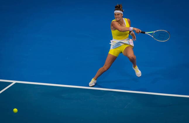 February 28, 2020, Doha, QATAR: Aryna Sabalenka of Belarus in action during the semi-final of the 2020 Qatar Total Open WTA, Tennis Damen Premier 5 tennis tournament against Svetlana Kuznetsova of Russia 2020 Qatar Total Open, Tennis, Doha, Qatar, Feb 28 - ZUMAa181 20200228_zaa_a181_063 Copyright: xRobxPrangex