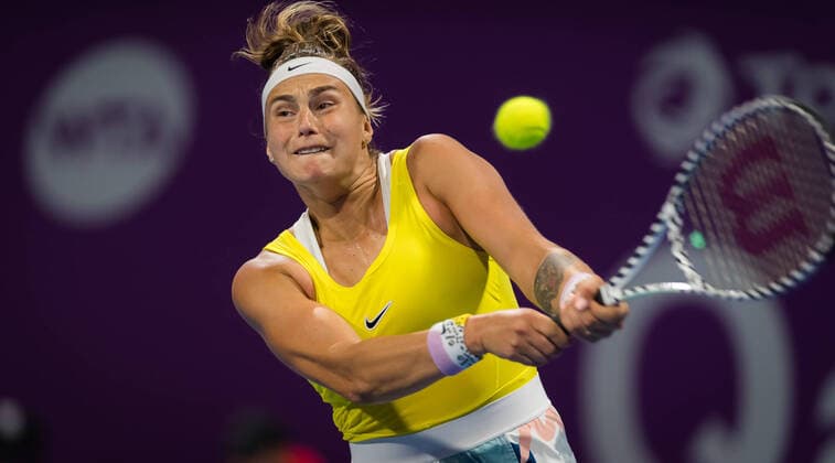 February 28, 2020, Doha, QATAR: Aryna Sabalenka of Belarus in action during the semi-final of the 2020 Qatar Total Open WTA, Tennis Damen Premier 5 tennis tournament against Svetlana Kuznetsova of Russia 2020 Qatar Total Open, Tennis, Doha, Qatar, Feb 28 - ZUMAa181 20200228_zaa_a181_065 Copyright: xRobxPrangex