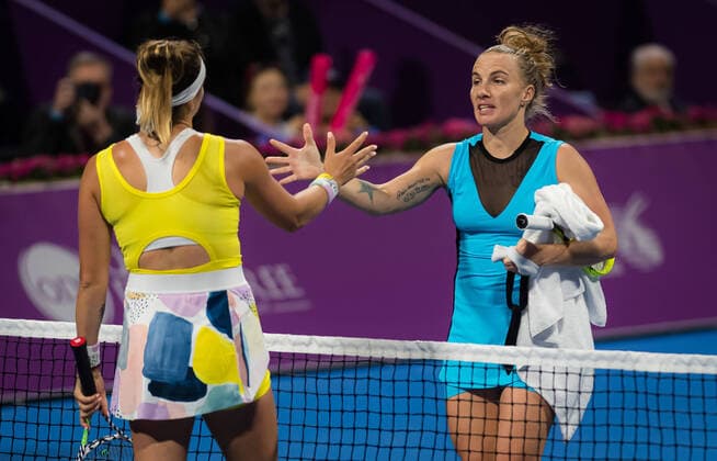 February 28, 2020, Doha, QATAR: Aryna Sabalenka of Belarus & Svetlana Kuznetsova of Russia at the net after the semi-final of the 2020 Qatar Total Open WTA, Tennis Damen Premier 5 tennis tournament 2020 Qatar Total Open, Tennis, Doha, Qatar, Feb 28 - ZUMAa181 20200228_zaa_a181_077 Copyright: xRobxPrangex