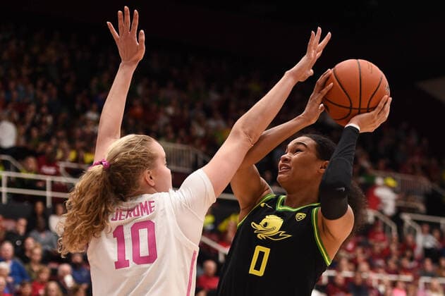 PALO ALTO, CA - FEBRUARY 24: Oregon Ducks forward Satou Sabally (0) shoots over Stanford Cardinal forward Alyssa Jerome (10) during the NCAA, College League, USA women s basketball game between the Oregon Ducks and the Stanford Cardinal at Maples Pavilion on February 24, 2020 in Palo Alto, CA. (Photo by Cody Glenn Icon Sportswire) COLLEGE BASKETBALL: FEB 24 Women s Oregon at Stanford Icon02242020019