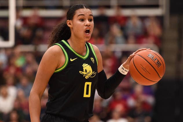 PALO ALTO, CA - FEBRUARY 24: Oregon Ducks forward Satou Sabally (0) during the NCAA, College League, USA women s basketball game between the Oregon Ducks and the Stanford Cardinal at Maples Pavilion on February 24, 2020 in Palo Alto, CA. (Photo by Cody Glenn Icon Sportswire) COLLEGE BASKETBALL: FEB 24 Women s Oregon at Stanford Icon02242020405