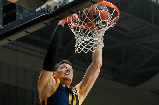 MOSCOW REGION, RUSSIA - FEBRUARY 28, 2020: Khimki Moscow Region s Jonas Jerebko scores a goal in the 2019 20 Euroleague Regular Season Round 26 basketball match between Khimki Moscow Region and Asvel Lyon-Villeurbanne at Mytishchi Arena. Gavriil Grigorov TASS  TS0D0260