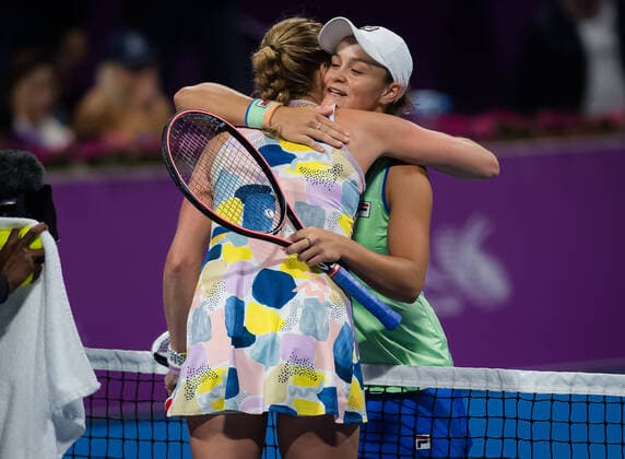 February 28, 2020, Doha, QATAR: Petra Kvitova of the Czech Republic & Ashleigh Barty of Australia at the net after the semi-final of the 2020 Qatar Total Open WTA, Tennis Damen Premier 5 tennis tournament 2020 Qatar Total Open, Tennis, Doha, Qatar, Feb 28 - ZUMAa181 20200228_zaa_a181_091 Copyright: xRobxPrangex