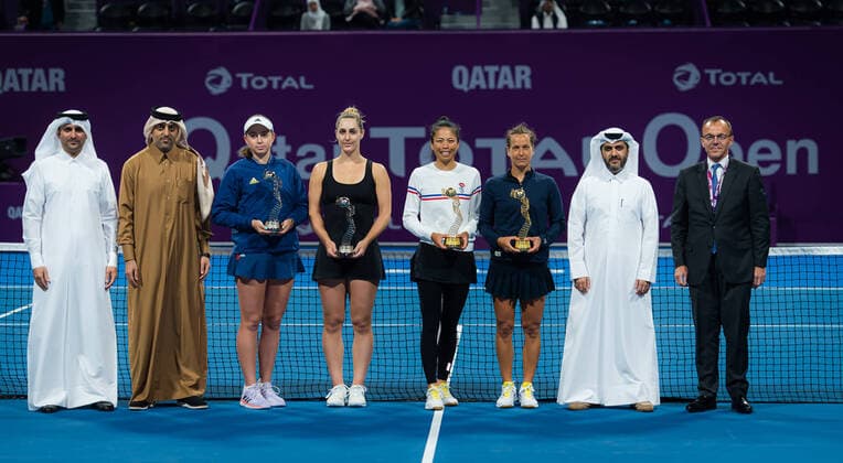 February 28, 2020, Doha, QATAR: Jelena Ostapenko of Latvia & Gabriela Dabrowski of Canada and Barbora Strycova of the Czech Republic & Su-Wei Hsieh of Chinese Taipeh with their trophies after the doubles final of the 2020 Qatar Total Open WTA, Tennis Damen Premier 5 tennis tournament 2020 Qatar Total Open, Tennis, Doha, Qatar, Feb 28 - ZUMAa181 20200228_zaa_a181_103 Copyright: xRobxPrangex