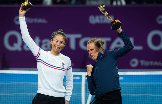 February 28, 2020, Doha, QATAR: Barbora Strycova of the Czech Republic & Su-Wei Hsieh of Chinese Taipeh with their trophies after winning the doubles final of the 2020 Qatar Total Open WTA, Tennis Damen Premier 5 tennis tournament 2020 Qatar Total Open, Tennis, Doha, Qatar, Feb 28 - ZUMAa181 20200228_zaa_a181_104 Copyright: xRobxPrangex
