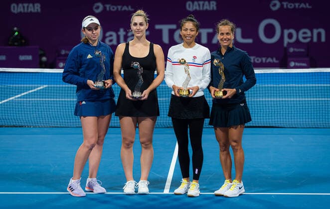 February 28, 2020, Doha, QATAR: Jelena Ostapenko of Latvia & Gabriela Dabrowski of Canada and Barbora Strycova of the Czech Republic & Su-Wei Hsieh of Chinese Taipeh with their trophies after the doubles final of the 2020 Qatar Total Open WTA, Tennis Damen Premier 5 tennis tournament 2020 Qatar Total Open, Tennis, Doha, Qatar, Feb 28 - ZUMAa181 20200228_zaa_a181_105 Copyright: xRobxPrangex