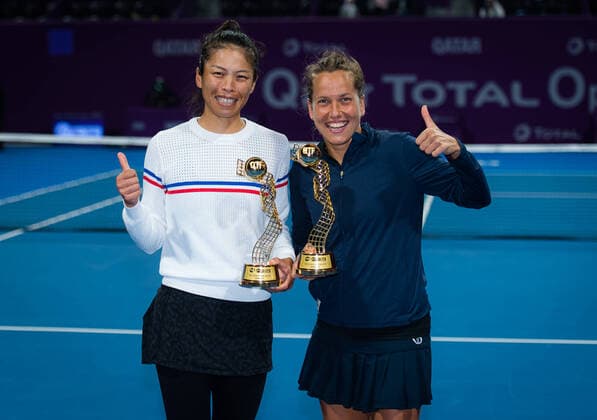 February 28, 2020, Doha, QATAR: Barbora Strycova of the Czech Republic & Su-Wei Hsieh of Chinese Taipeh with their trophies after winning the doubles final of the 2020 Qatar Total Open WTA, Tennis Damen Premier 5 tennis tournament 2020 Qatar Total Open, Tennis, Doha, Qatar, Feb 28 - ZUMAa181 20200228_zaa_a181_109 Copyright: xRobxPrangex