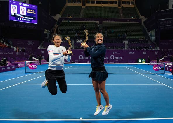 February 28, 2020, Doha, QATAR: Barbora Strycova of the Czech Republic & Su-Wei Hsieh of Chinese Taipeh with their trophies after winning the doubles final of the 2020 Qatar Total Open WTA, Tennis Damen Premier 5 tennis tournament 2020 Qatar Total Open, Tennis, Doha, Qatar, Feb 28 - ZUMAa181 20200228_zaa_a181_110 Copyright: xRobxPrangex