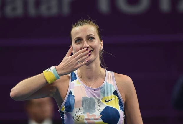 (200229) -- DOHA, Feb. 29, 2020 (Xinhua) -- Petra Kvitova of the Czech Republic celebrates after winning the women s singles semi-final match against Ashleigh Barty of Australia at the 2020 WTA, Tennis Damen Qatar Open in Doha, Qatar, Feb. 28, 2020. (Photo by Nikku Xinhua) (SP)QATAR-DOHA-TENNIS-WTA-SINGLES 