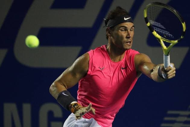 Spanish tennis player Rafael Nadal returns a ball against the Bulgarian Grigor Dimitrov, during a game of the Mexican Tennis Open held in Acapulco, Guerrero state, Mexico, 28 February 2020. Mexican Tennis Open in Acapulco !ACHTUNG: NUR REDAKTIONELLE NUTZUNG!  Copyright: xDavidxGuzmánx MEX6564 20200229-637185569560857838