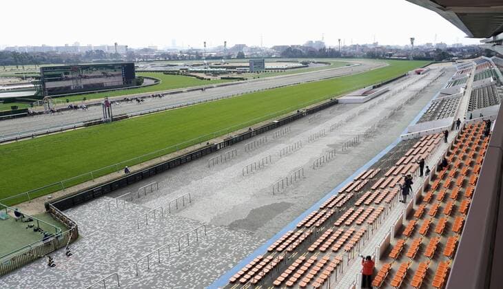 Galopp, Rennen auf der Nakayama-Rennbahn finden zum Schutz vor dem Coronavirus ohne Zuschauer statt New coronavirus A Japan Racing Association horse race is held with spectators shut out at Nakayama Racecourse in Funabashi, near Tokyo, on Feb. 29, 2020, amid the spread of the new coronavirus. 