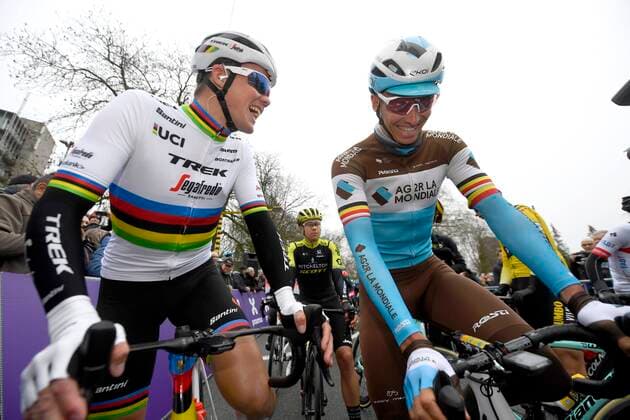 NINOVE, BELGIUM - FEBRUARY 29 : PEDERSEN Mads (DEN) of TREK - SEGAFREDO and NAESEN Oliver (BEL) of AG2R LA MONDIALE during the Flanders Classics 75th Omloop Het Nieuwsblad cycling race with start in Ghent and finish in Ninove on February 29, 2020 in Ninove, Belgium, 29 02 2020 CYCLISME : CIRCUIT HET NIEUWSBLAD - 29 02 2020 PhotoNews Panoramic 