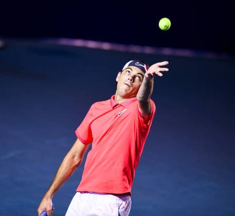 (200301) -- ACAPULCO, March 1, 2020 -- Taylor Fritz of the United States serves during the men s singles final match between Rafael Nadal of Spain and Taylor Fritz of the United States at the 2020 ATP, Tennis Herren Mexican Open tennis tournament in Acapulco, Mexico, Feb. 29, 2020. ) (SP)MEXICO-ACAPULCO-TENNIS-ATP-MEXICAN OPEN-FINALS XinxYuewei 