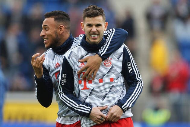 29 02 2020, xtvx, Fussball 1 Bundesliga, TSG 1899 Hoffenheim FC Bayern Muenchen emspor, v l Corentin Tolisso FC Bayern Muenchen Lucas Hernandez FC Bayern Muenchen warms up, during warm up DFL DFB REGULATIONS PROHIBIT ANY USE OF PHOTOGRAPHS as IMAGE SEQUENCES and or QUASI VIDEO Sinsheim