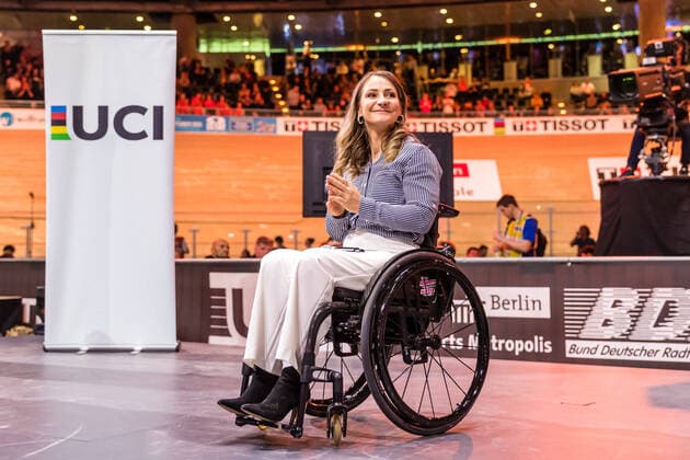 01 03 2020, Berlin, Berlin 2020 Track Cycling World Championships The track cycling sprinter Kristina Vogel, who died in June 2018, is a multiple Olympic, world, European and German champion and receives the UCI Merit from the President of the World Cycling Union, David Lappartient. The UCI Merit is the highest award of the UCI 2020 Track Cycling World Championships Berlin Copyright: xEibner-Pressefotox EP_Ham
