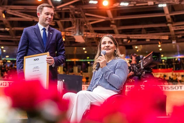 01 03 2020, Berlin, Berlin 2020 Track Cycling World Championships The track cycling sprinter Kristina Vogel, who died in June 2018, is a multiple Olympic, world, European and German champion and receives the UCI Merit from the President of the World Cycling Union, David Lappartient. The UCI Merit is the highest award of the UCI 2020 Track Cycling World Championships Berlin Copyright: xEibner-Pressefotox EP_Ham