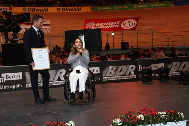 David Lappartient, UCI President, UCI Medal of Honor for Kristina Vogel, Track Cycling World Championships 2020 Berlin, 26 02 01 03 2020, Day 05, Berlin, Velodrom, Paul Heyse Straße 26, 10407 Berlin Prenzlauer Berg, 2020 Tracking Cycling World Championships, Berlin, GER