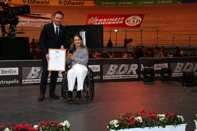 David Lappartient, UCI President, UCI Medal of Honor for Kristina Vogel, Track Cycling World Championships 2020 Berlin, 26 02 01 03 2020, Day 05, Berlin, Velodrom, Paul Heyse Straße 26, 10407 Berlin Prenzlauer Berg, 2020 Tracking Cycling World Championships, Berlin, GER