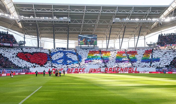 RB Leipzig Leverkusen Fussball Bundesliga Leipzig, 01 03 2020, Red Bull Arena, Soccer, 1 Bundesliga, 24 matchday , RB Leipzig vs Bayer 04 Leverkusen , Im Bild Fans of RB Leipzig with choreography , According to the regulations of the DFL Deutsche Fußball Liga it is prohibited to use or have used in the stadium and or the game photographs taken in the form of sequence images and or video-like photo series,