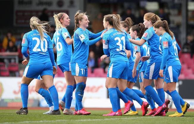 01 03 2020, xcex, GER, Koeln, Suedstadion, Frauenfußall, 1 Bundesliga, DIE LIGA, FLYERALARM Frauen Bundesliga Saison 2019 2020 1 FC Koeln 1 FFC Frankfurt Goal celebration FFC Frankfurt, cheers, joy, emotions, Goal celebration DFL regulations prohibit any use of photographs as image sequences and or quasi video