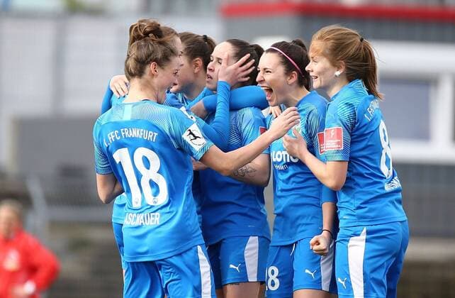 01 03 2020, xcex, GER, Koeln, Suedstadion, Frauenfußall, 1 Bundesliga, DIE LIGA, FLYERALARM Frauen Bundesliga Saison 2019 2020 1 FC Koeln 1 FFC Frankfurt Goal celebration FFC Frankfurt, cheers, joy, emotions, Goal celebration DFL regulations prohibit any use of photographs as image sequences and or quasi video