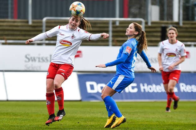 from left Karoline Kohr Cologne, 13 , Sandrine Mauron Frankfurt, 15 , Header, header, action, action, 01 03 2020, Cologne Germany , Football, Flyeralarm Frauen Bundesliga, 1 FC Cologne 1 FFC Frankfurt, DFB DFL REGULATIONS PROHIBIT ANY USE OF PHOTOGRAPHS AS IMAGE SEQUENCES AND OR QUASI VIDEO xmhx