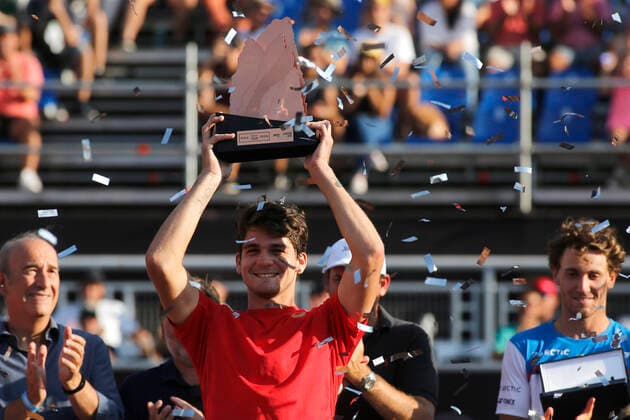 Tenis, Chile Dove MenCare Open ATP, Tennis Herren 250 de Santiago. El tenista Thiago Seyboth de Brasil celebra el titulo ATP 250 de Santiago luego de ganar a Casper Ruud de Noruega Santiago, Chile. 01 03 2020 Marcelo Hernandez Photosport Tenis, ATP 250 Final