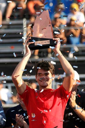 Tenis, Chile Dove MenCare Open ATP, Tennis Herren 250 de Santiago. El tenista Thiago Seyboth de Brasil celebra el titulo ATP 250 de Santiago luego de ganar a Casper Ruud de Noruega Santiago, Chile. 01 03 2020 Marcelo Hernandez Photosport Tenis, ATP 250 Final