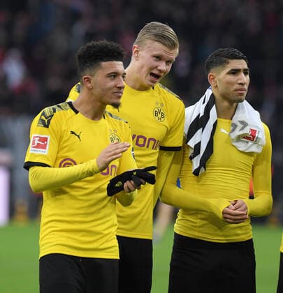 29 02 2020, Football GER, Season 2019 2020, 1 Bundesliga, 24 Matchday, Borussia Dortmund SC Freiburg 1 0, f left , Jadon Sancho Borussia Dortmund , Erling Haaland Borussia Dortmund , Achraf Hakimi Borussia Dortmund Dortmund Nordrhein Westfalen Germany Team2