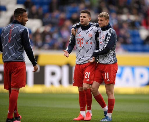 29 02 2020, Football 1 Bundesliga 2019 2020, 24 Matchday, TSG Hoffenheim FC Bayern Munich, in the PreZero Arena Sinsheim Warming up, from Corentin Tolisso FC Bayern Munich , Lucas Hernandez FC Bayern Munich , Michael Cuisance FC Bayern Munich DFL and DFB regulations prohibit any use of photographs as image sequences and or quasi video