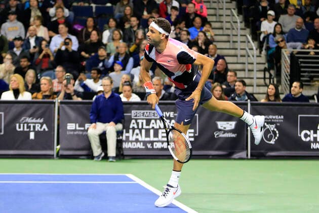 DULUTH, GA - MARCH 02: Grigor Dimitrov serves on March 02, 2020 at Infinite Energy Arena in Duluth, GA. (Photo by David J. Griffin Icon Sportswire) TENNIS: MAR 02 Nadal v Dimitrov Icon95320200302248
