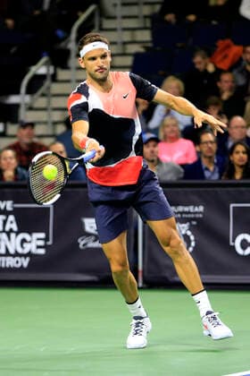 DULUTH, GA - MARCH 02: Grigor Dimitrov hits a forehand stroke during the match on March 02, 2020 at Infinite Energy Arena in Duluth, GA. (Photo by David J. Griffin Icon Sportswire) TENNIS: MAR 02 Nadal v Dimitrov Icon95320200302353