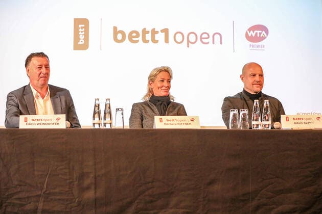 Edwin Weindorfer CEO e motion, Organizer , Barbara Rittner Tournament Director and Adam SZPYT Managing Director bett1 main and title sponsor , bett1 open, Grass Court Championships Berlin, Press Conference, Berlin, 03 03 2020,