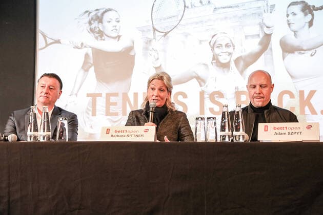 Edwin Weindorfer CEO e motion, Organizer , Barbara Rittner Tournament Director and Adam SZPYT Managing Director bett1 main and title sponsor , bett1 open, Grass Court Championships Berlin, Press Conference, Berlin, 03 03 2020,