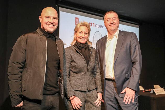 Adam SZPYT Managing Director bett1 main and title sponsor , Barbara Rittner Tournament Director and Edwin Weindorfer CEO e motion, Organizer , bett1 open, Grass Court Championships Berlin, Press Conference, Berlin, 03 03 2020,