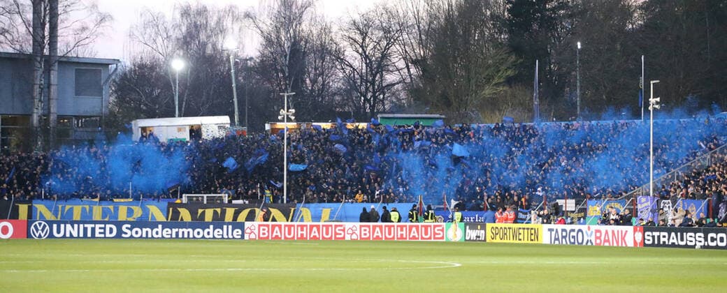 03 03 2020, xklex, Fussball DFB Pokal 1 4 Finale, 1 FC Saarbruecken Fortuna Düsseldorf emspor, v l The fans of 1 FC Saarbruecken with a choreography DFL DFB REGULATIONS PROHIBIT ANY USE OF PHOTOGRAPHS as IMAGE SEQUENCES and or QUASI VIDEO Voelklingen
