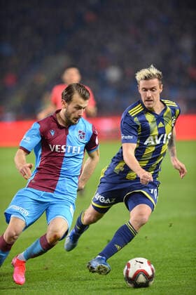 Abdulkadir Toprak of Trabzonspor and Max Kruse of Fenerbahce during the Ziraat Turkish Cup first leg match between Trabzonspor and Fenerbahce at Medical Park Stadium in Trabzon , Turkey on March 03 , 2020. 