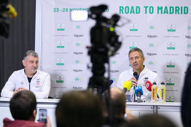 Sport Bilder des Tages Davis Cup - Croatia press conference, PK, Pressekonferenz Croatian coach Vedran Martic speak to the media during a press conference during the Davis Cup Qualifiers between Croatia and India in Zagreb, Croatia, on March 03, 2020. LukaxStanzl PIXSELL
