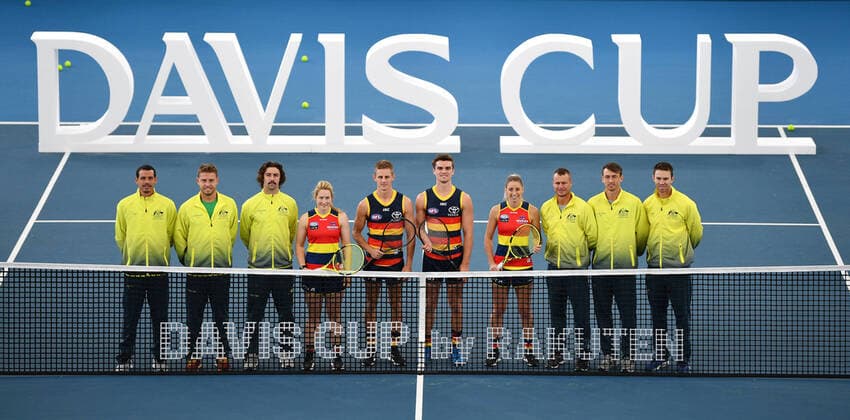 TENNIS DAVIS CUP DRAW, Crows Players Ailish Considine, David McKay, Ben Keays and Deni Varnhagen are seen with the Australian squad during the official draw of the Davis Cup teams ahead of the Davis Cup qualifier between Australia and Brazil in Adelaide. Thursday, March 5, 2020. ( NO ARCHIVING, EDITORIAL USE ONLY, NO USE IN BOOKS WITHOUT CONSENT ADELAIDE SA AUSTRALIA  Copyright: xDAVIDxMARIUZx 20200305001453712922