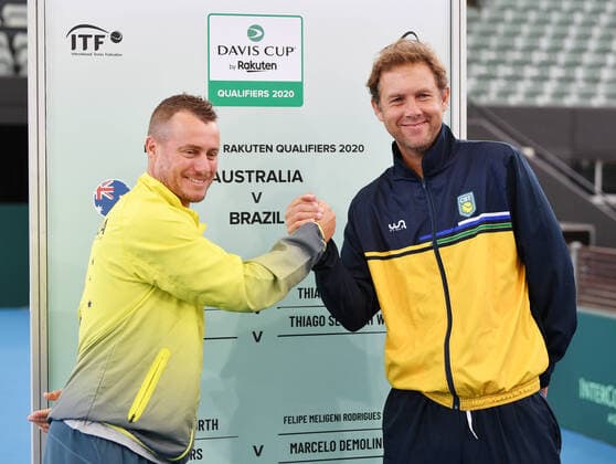 TENNIS DAVIS CUP DRAW, Team captains Lleyton Hewitt and Jaime Oncins are seen during the official draw of the Davis Cup teams ahead of the Davis Cup qualifier between Australia and Brazil in Adelaide. Thursday, March 5, 2020. ( NO ARCHIVING, EDITORIAL USE ONLY, NO USE IN BOOKS WITHOUT CONSENT ADELAIDE SA AUSTRALIA  Copyright: xDAVIDxMARIUZx 20200305001453727574