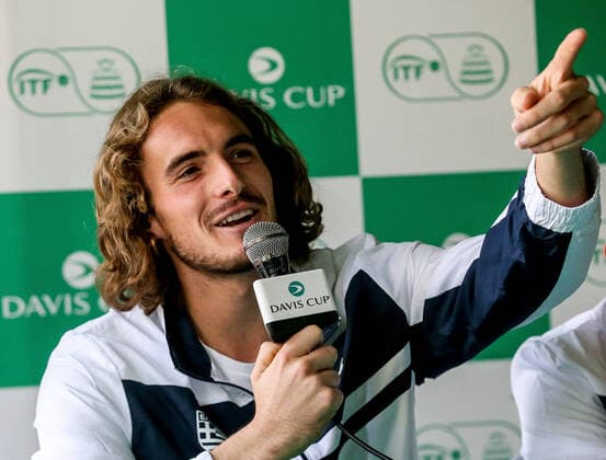 (200305) -- MANILA, March 5, 2020 (Xinhua) -- Stefanos Tsitsipas of Greece gestures during a press conference, PK, Pressekonferenz ahead of the Davis Cup World Group II match between the Philippines and Grecce in Manila, the Philippines on March 5, 2020. (Xinhua Rouelle Umali) (SP)PHILIPPINES-MANILA-TENNIS-DAVIS CUP-PRESS CONFERENCE 