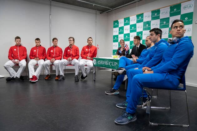 The Danish Davis Cup team from left Sebastian Grundtvig Joergensen, Holger Rune, Soeren Hess Olesen, Michael Torpegaard and Frederik Loechte Nielsen at the Danish Tennis Federation holding press conference and draw in Holbaek Sportsby on Thursday March 5, 2020 Denmark meets Puerto Rico in Davis Cup respectively March 6 and 7, Copenhagen Denmark,  Copyright: Ritzau Scanpix LiselottexSabroex COP103 spdk20200305-120813-L